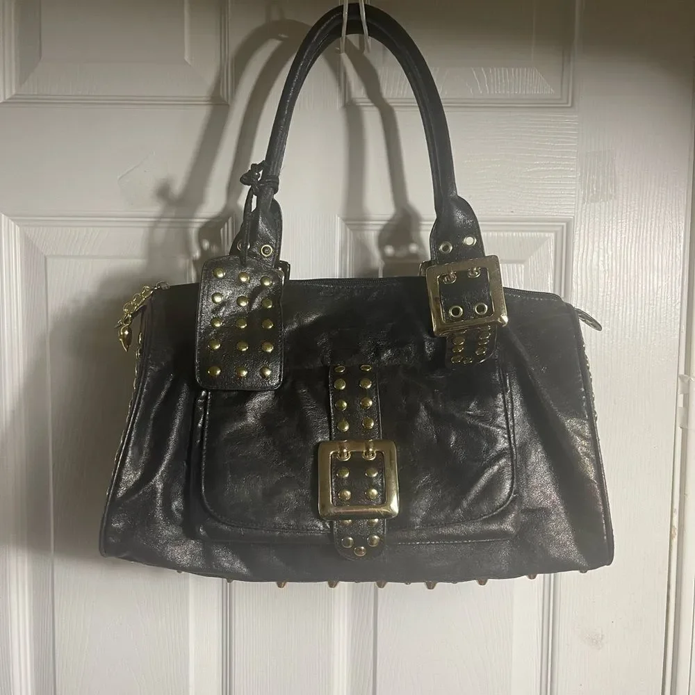 CMZ Stylish Synthetic Black Medium Satchel with Gold Studs Accents.